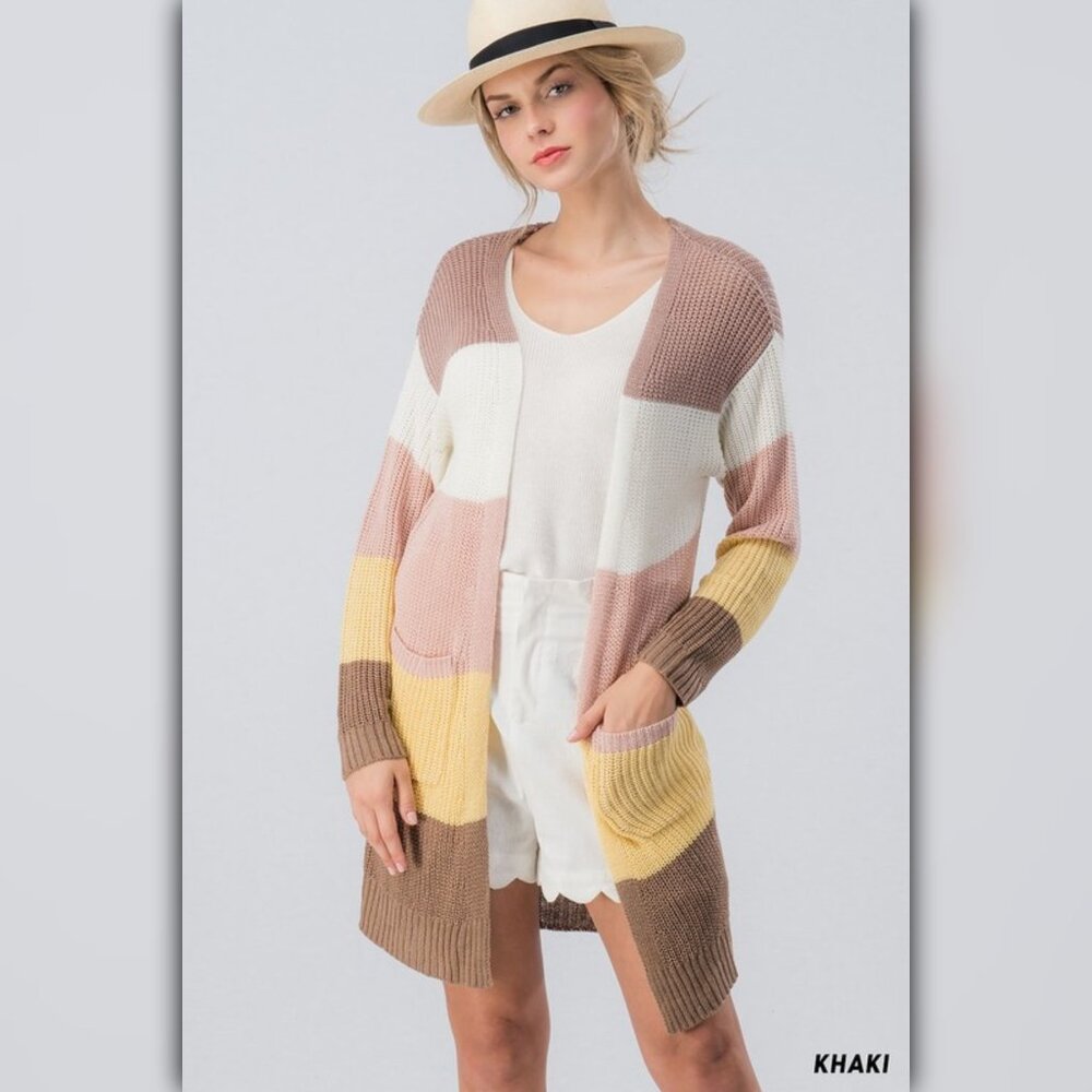 A091 • Color Block Open Front Long Cardigan